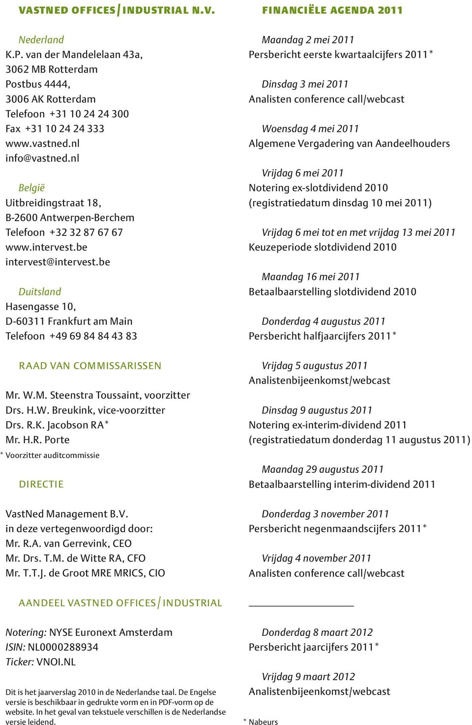 be Duitsland Hasengasse 10, D-60311 Frankfurt am Main Telefoon +49 69 84 84 43 83 Raad van commissarissen Mr. W.M. Steenstra Toussaint, voorzitter Drs. H.W. Breukink, vice-voorzitter Drs. R.K.