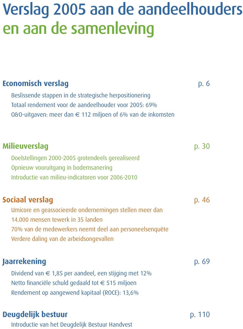 30 Doelstellingen 2000-2005 grotendeels gerealiseerd Opnieuw vooruitgang in bodemsanering Introductie van milieu-indicatoren voor 2006-2010 Sociaal verslag p.
