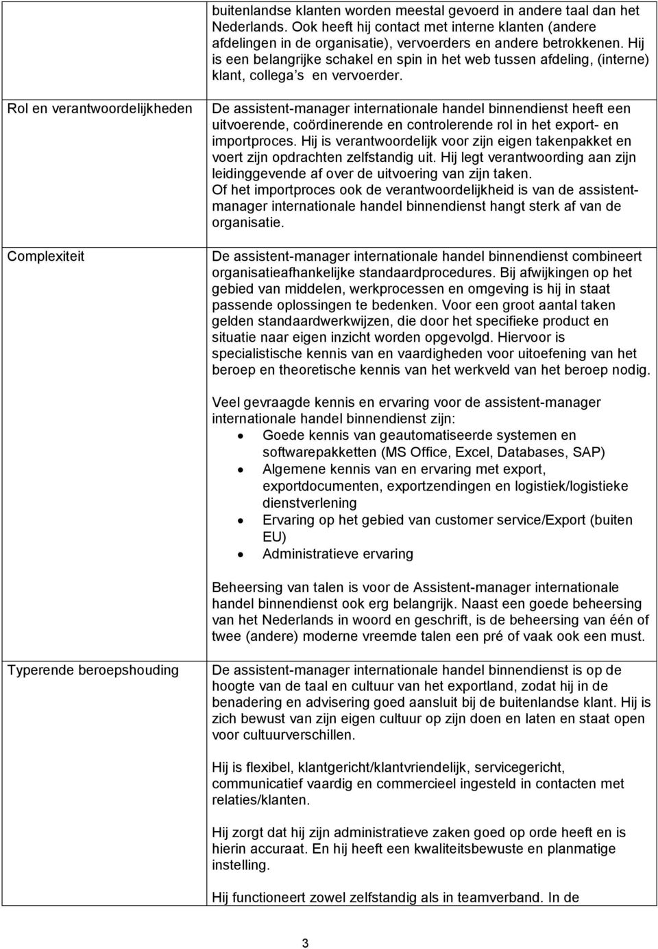 Rol en verantwoordelijkheden Complexiteit De assistent-manager internationale handel binnendienst heeft een uitvoerende, coördinerende en controlerende rol in het export- en importproces.