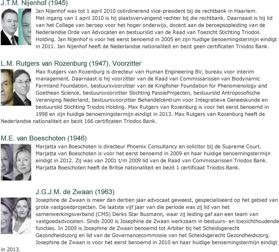 Triodos Holding. Jan Nijenhof is voor het eerst benoemd in 2005 en zijn huidige benoemingstermijn eindigt in 2011.