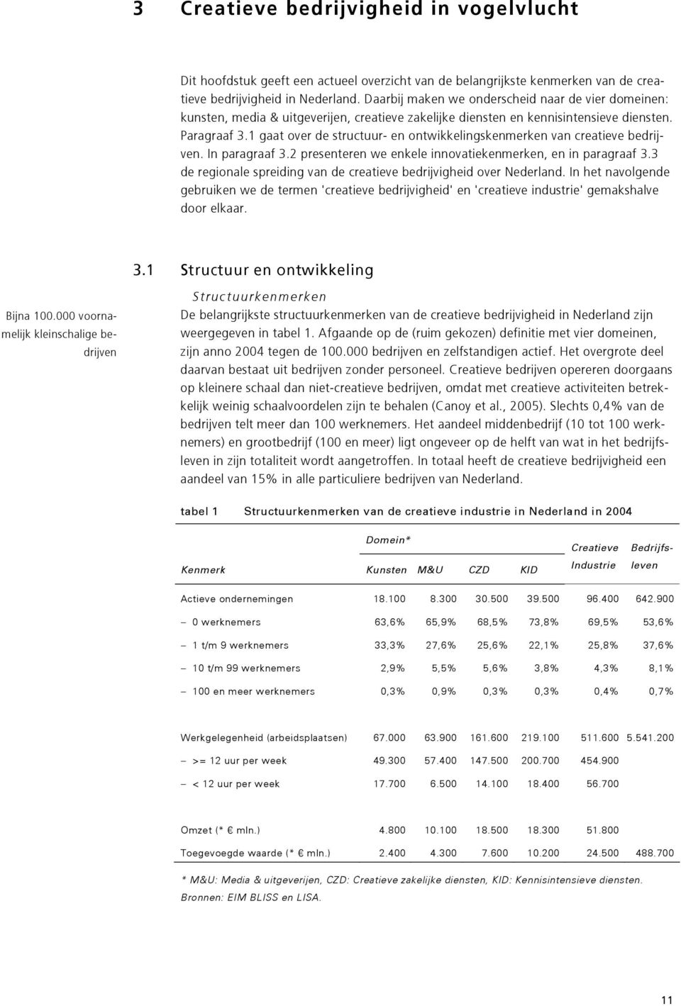 1 gaat over de structuur- en ontwikkelingskenmerken van creatieve bedrijven. In paragraaf 3.2 presenteren we enkele innovatiekenmerken, en in paragraaf 3.