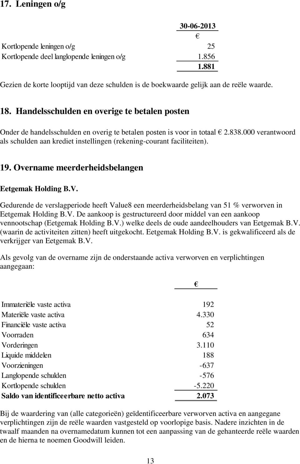000 verantwoord als schulden aan krediet instellingen (rekening-courant faciliteiten). 19. Overname meerderheidsbelangen Eetgemak Holding B.V.