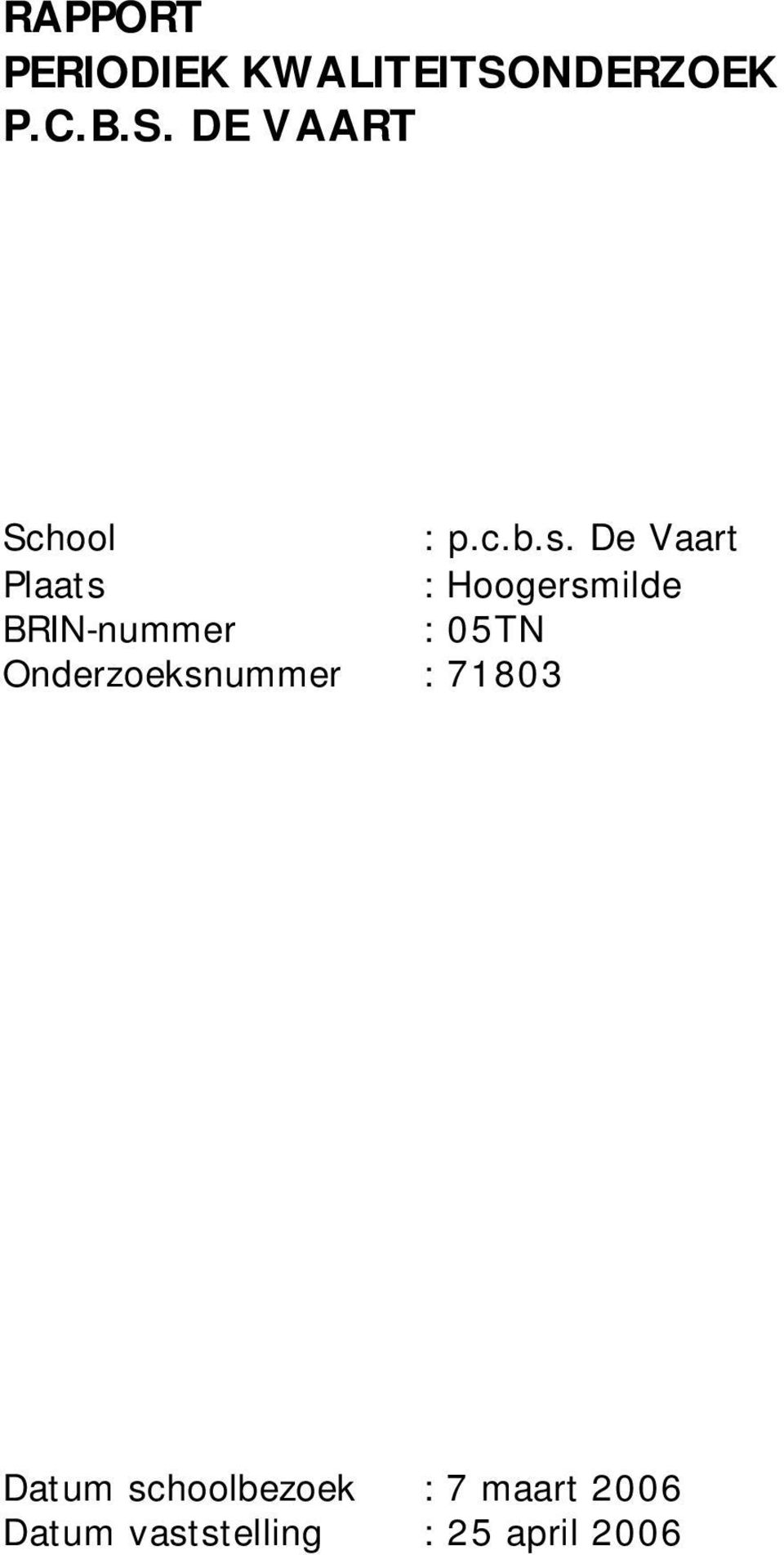 De Vaart Plaats : Hoogersmilde BRIN-nummer : 05TN