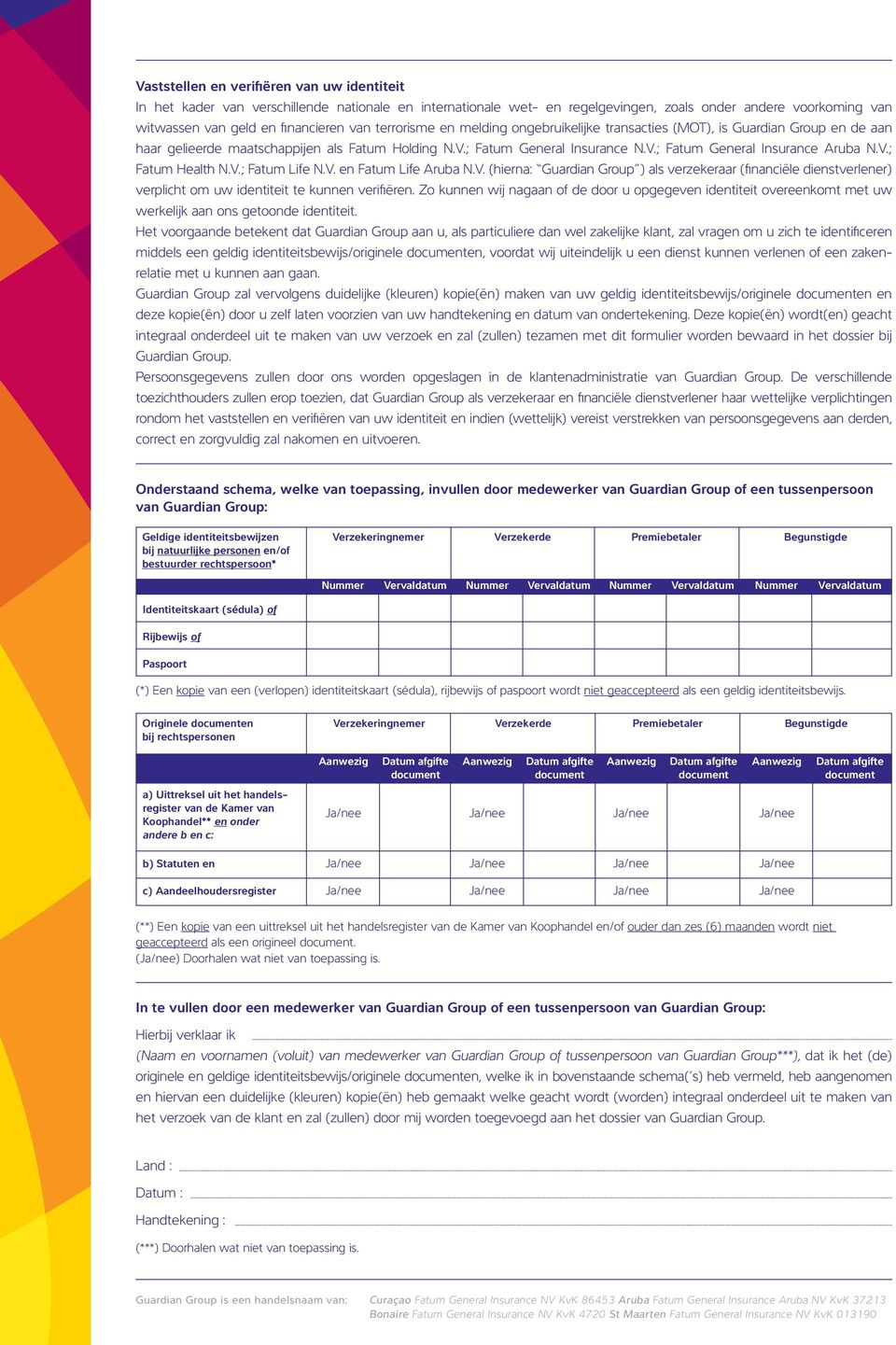 V.; Fatum Health N.V.; Fatum Life N.V. en Fatum Life Aruba N.V. (hierna: Guardian Group ) als verzekeraar (fi nanciële dienstverlener) verplicht om uw identiteit te kunnen verifi ëren.