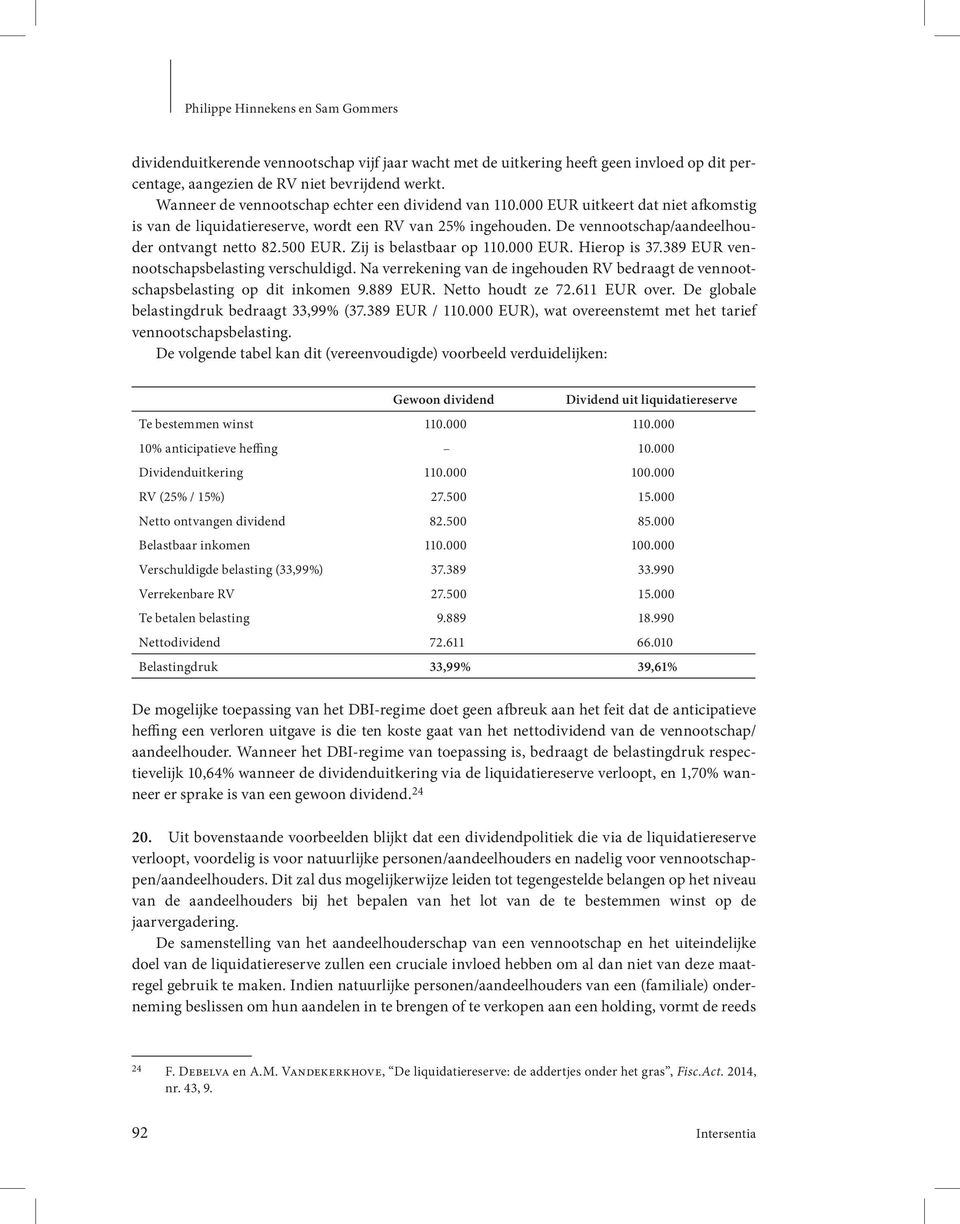 500 EUR. Zij is belastbaar op 110.000 EUR. Hierop is 37.389 EUR vennootschapsbelasting verschuldigd. Na verrekening van de ingehouden RV bedraagt de vennootschapsbelasting op dit inkomen 9.889 EUR.