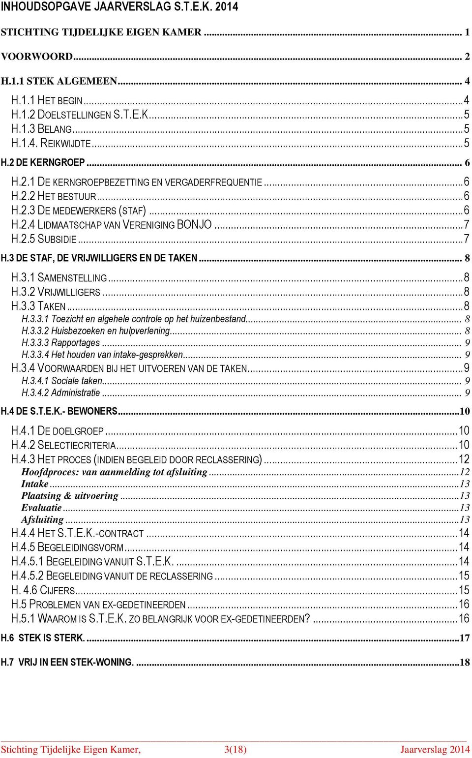 2.5 SUBSIDIE...7 H.3 DE STAF, DE VRIJWILLIGERS EN DE TAKEN... 8 H.3.1 SAMENSTELLING...8 H.3.2 VRIJWILLIGERS...8 H.3.3 TAKEN...8 H.3.3.1 Toezicht en algehele controle op het huizenbestand... 8 H.3.3.2 Huisbezoeken en hulpverlening.