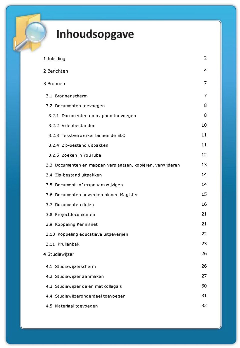 6 Documenten bew erken binnen Magister 3.7 Documenten delen 3.8 Projectdocumenten 3.9 Koppeling Kennisnet 3.10 Koppeling educatieve uitgeverijen 3.