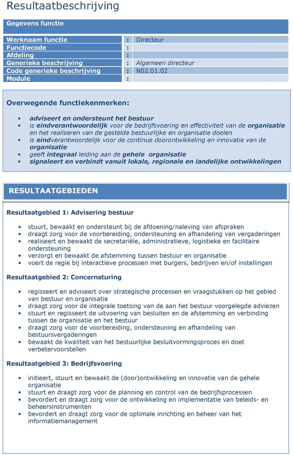 eindverantwoordelijk voor de continue doorontwikkeling en innovatie van de organisatie geeft integraal leiding aan de gehele organisatie signaleert en verbindt vanuit lokale, regionale en landelijke