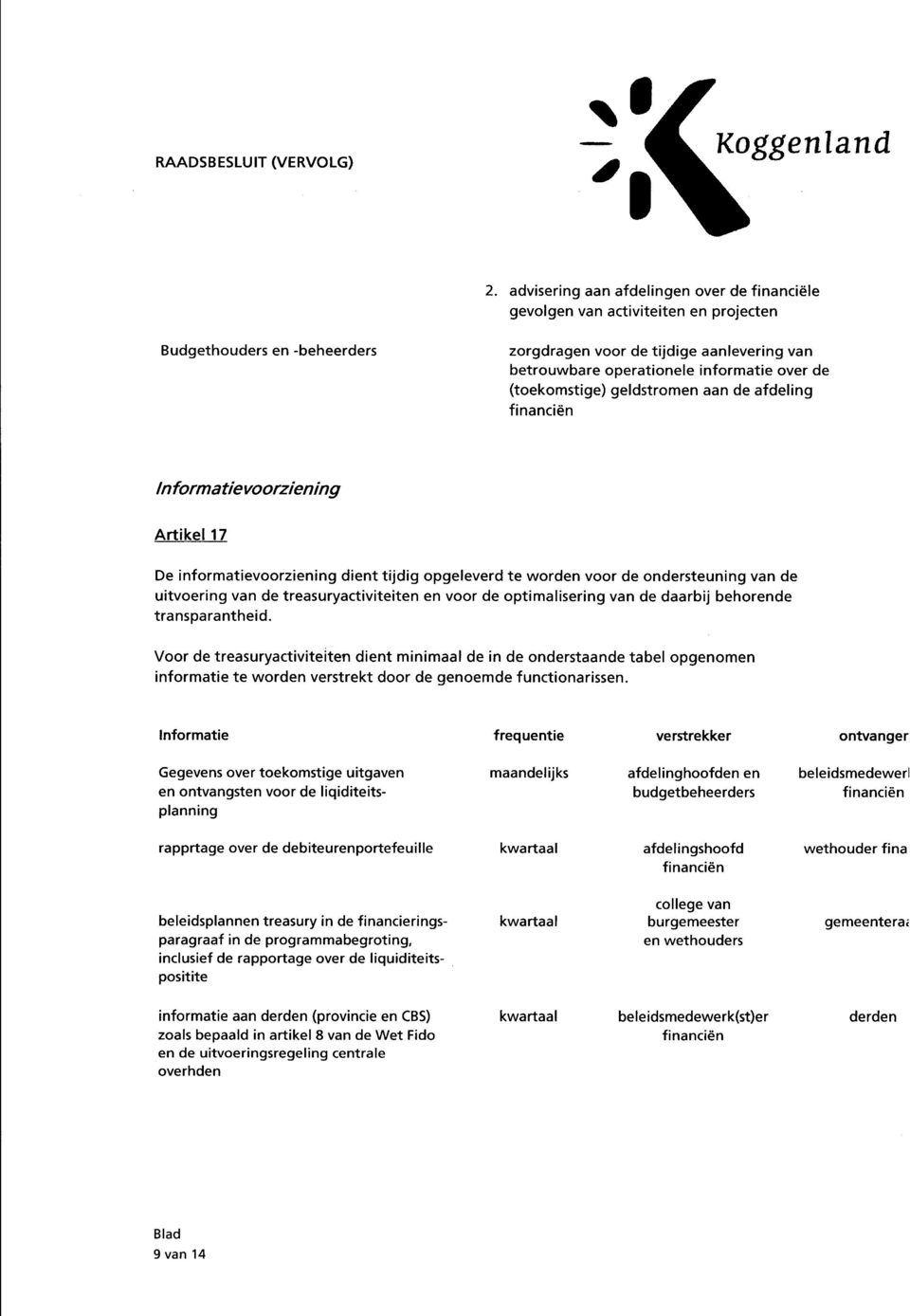 (toekomstige) geldstromen aan de afdeling financiën Informatievoorziening Artikel 17 De informatievoorziening dient tijdig opgeleverd te worden voor de ondersteuning van de uitvoering van de