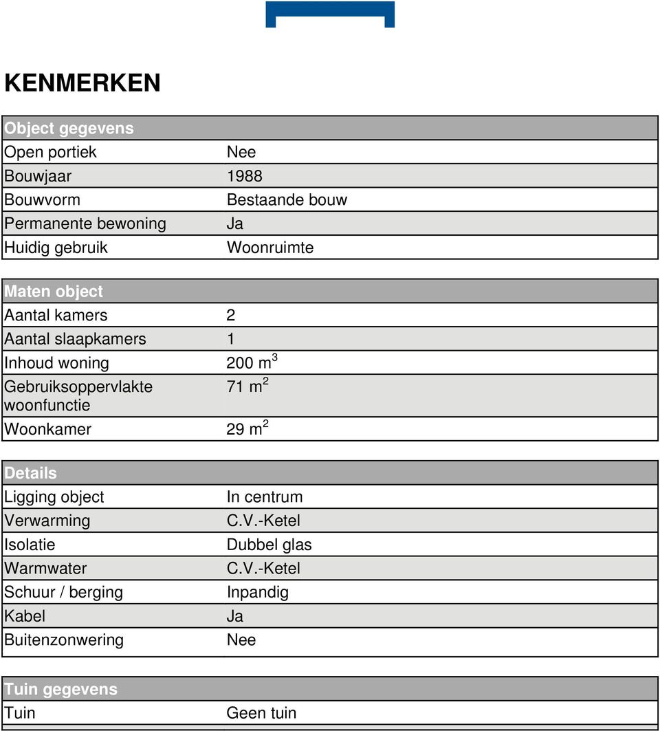 Gebruiksoppervlakte 71 m 2 woonfunctie Woonkamer 29 m 2 Details Ligging object Verwarming Isolatie Warmwater