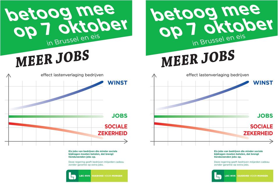 Eis jobs van bedrijven die minder sociale bijdragen moeten betalen, dat brengt  Posters betoging 7 okt 2015.