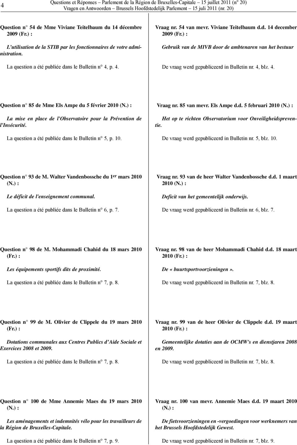 4, blz. 4. Question n 85 de Mme Els Ampe du 5 février 2010 (N.) : La mise en place de l'observatoire pour la Prévention de l'insécurité. La question a été publiée dans le Bulletin n 5, p. 10.