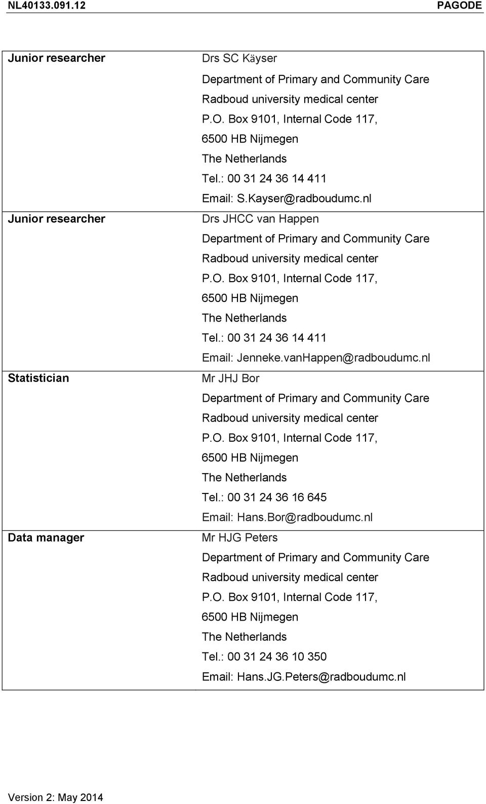 Box 9101, Internal Code 117, 6500 HB Nijmegen The Netherlands Tel.: 00 31 24 36 14 411 Email: Jenneke.vanHappen@radboudumc.