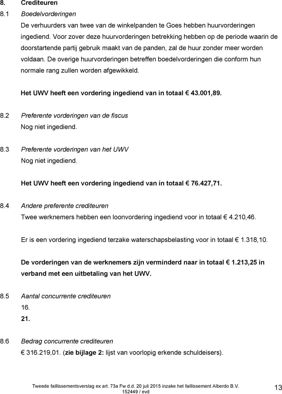 De overige huurvorderingen betreffen boedelvorderingen die conform hun normale rang zullen worden afgewikkeld. Het UWV heeft een vordering ingediend van in totaal 43.001,89. 8.