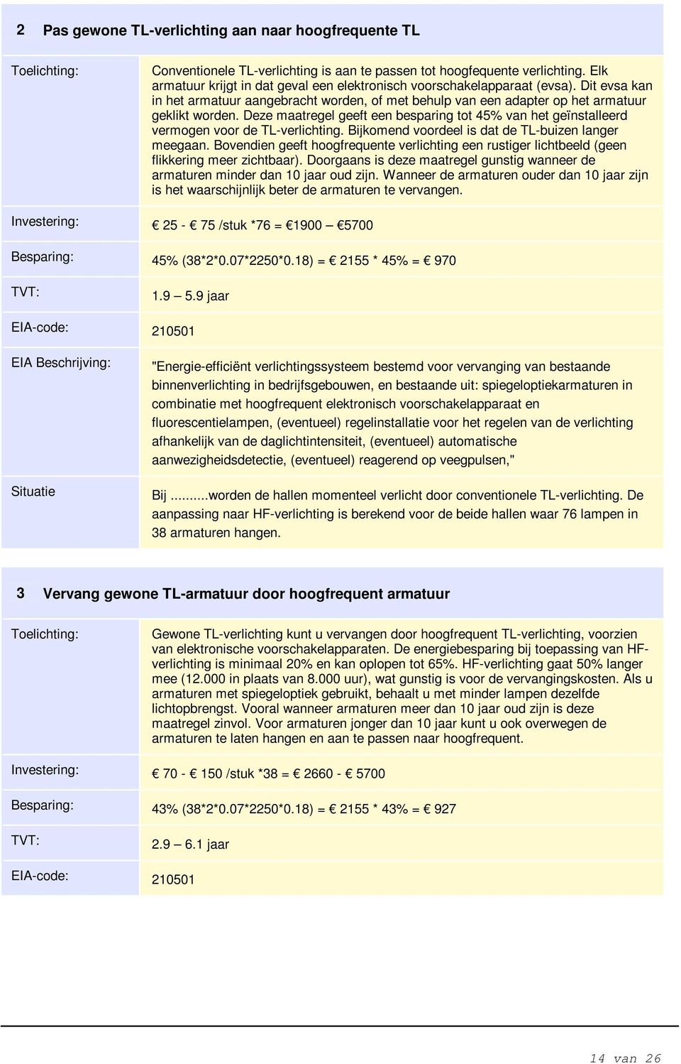 Deze maatregel geeft een besparing tot 45% van het geïnstalleerd vermogen voor de TL-verlichting. Bijkomend voordeel is dat de TL-buizen langer meegaan.