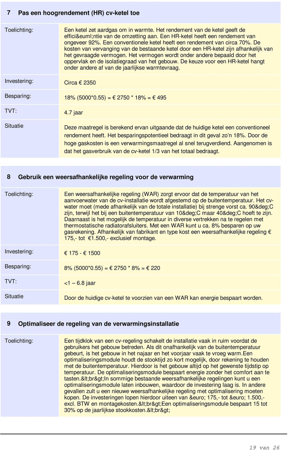 De kosten van vervanging van de bestaande ketel door een HR-ketel zijn afhankelijk van het gevraagde vermogen.