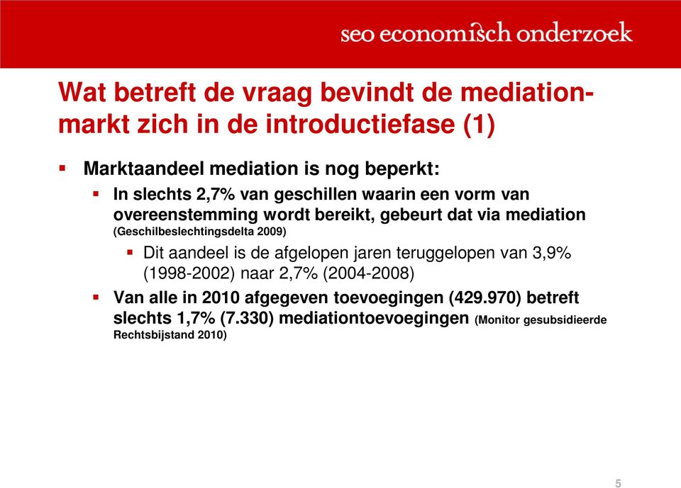 (Geschilbeslechtingsdelta 2009) Dit aandeel is de afgelopen jaren teruggelopen van 3,9% (1998-2002) naar 2,7% (2004-2008)