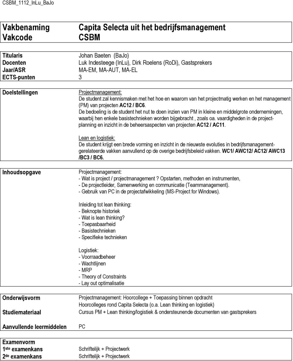 De bedoeling is de student het nut te doen inzien van PM in kleine en middelgrote ondernemingen, waarbij hen enkele basistechnieken worden bijgebracht, zoals oa.