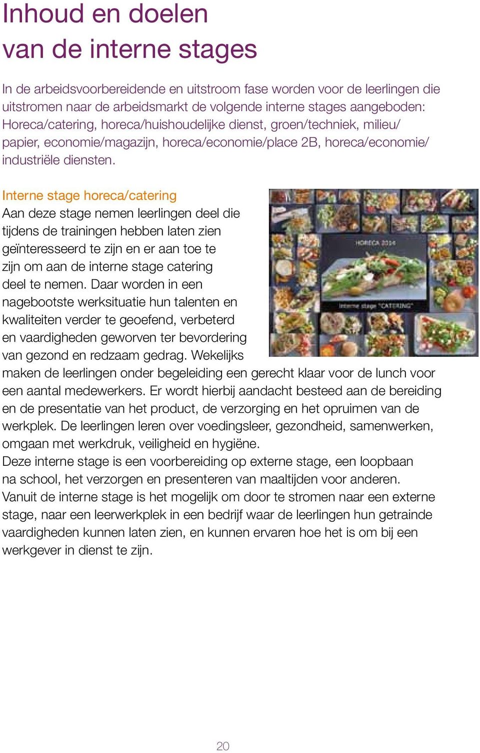 Interne stage horeca/catering Aan deze stage nemen leerlingen deel die tijdens de trainingen hebben laten zien geïnteresseerd te zijn en er aan toe te zijn om aan de interne stage catering deel te