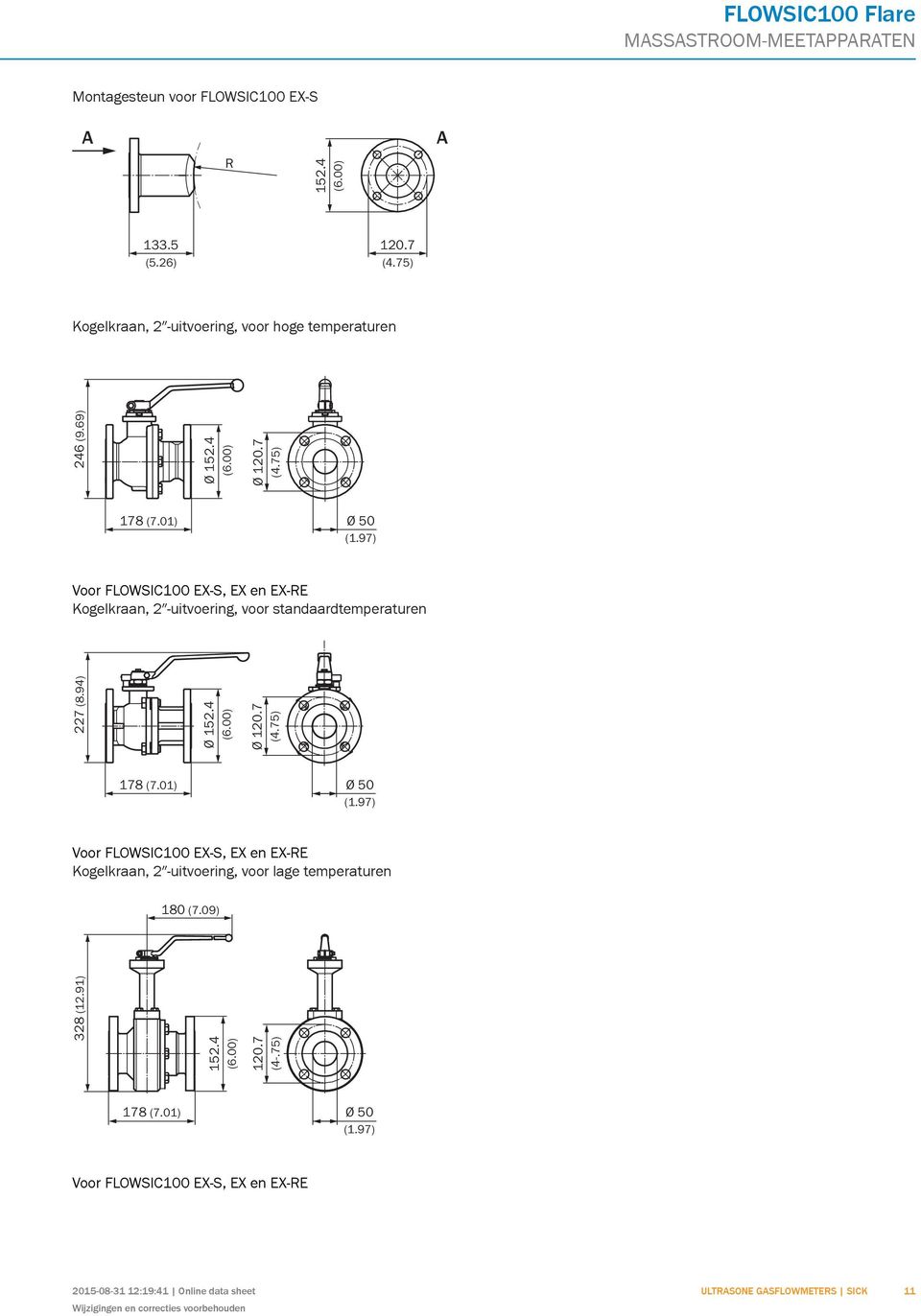 01) Ø 50 (1.97) Voor FLOWSI100 EX-S, EX en EX-E Kogelkraan, 2 -uitvoering, voor lage temperaturen 180 (7.09) 328 (12.91) 152.4 (4-.