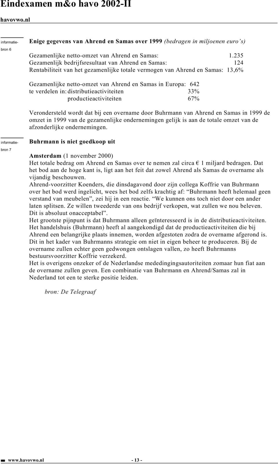 verdelen in: distributieactiviteiten 33% productieactiviteiten 67% Verondersteld wordt dat bij een overname door Buhrmann van Ahrend en Samas in 1999 de omzet in 1999 van de gezamenlijke