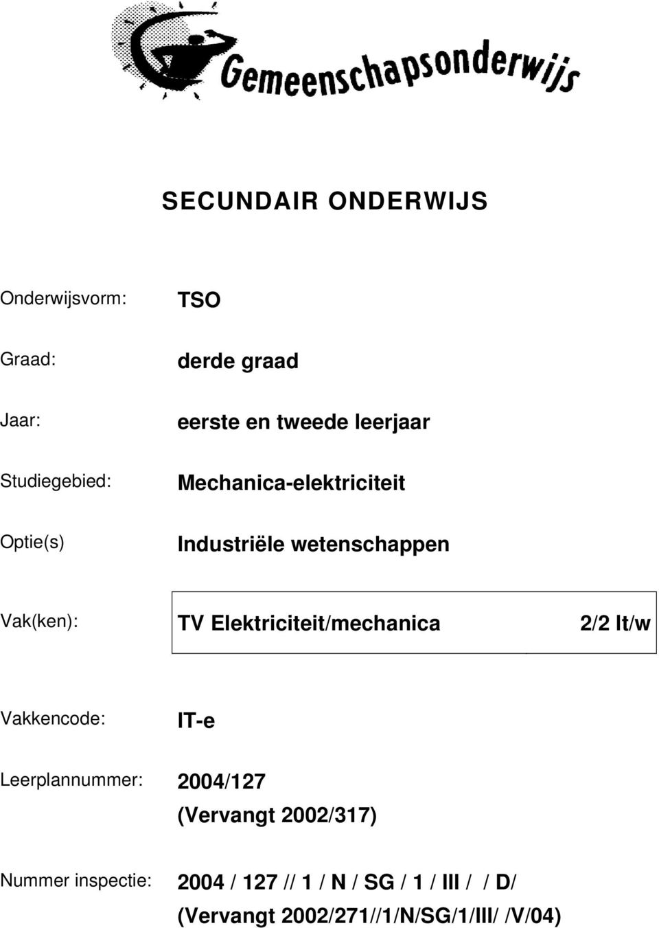 Elektriciteit/mechanica 2/2 lt/w Vakkencode: IT-e Leerplannummer: 2004/127 (Vervangt