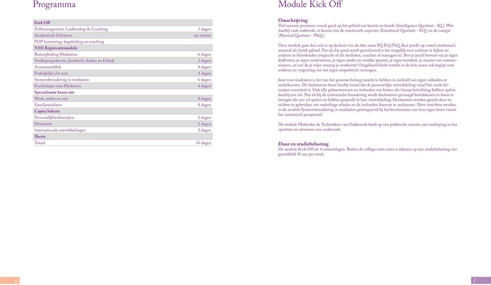 Familiemediator Capita Selecta Persoonlijkheidsanalyse Diversiteit Internationale ontwikkelingen Thesis Totaal 3 dagen zie rooster 6 dagen 6 dagen 8 dagen 8 dagen 43 dagen Veel mensen presteren