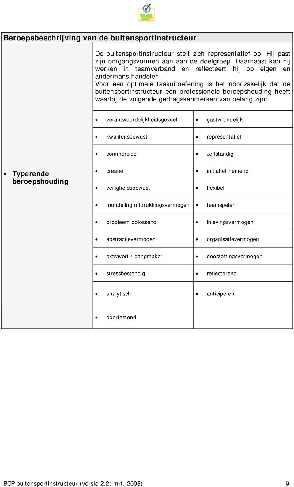 Voor een optimale taakuitoefening is het noodzakelijk dat de buitensportinstructeur een professionele beroepshouding heeft waarbij de volgende gedragskenmerken van belang zijn: