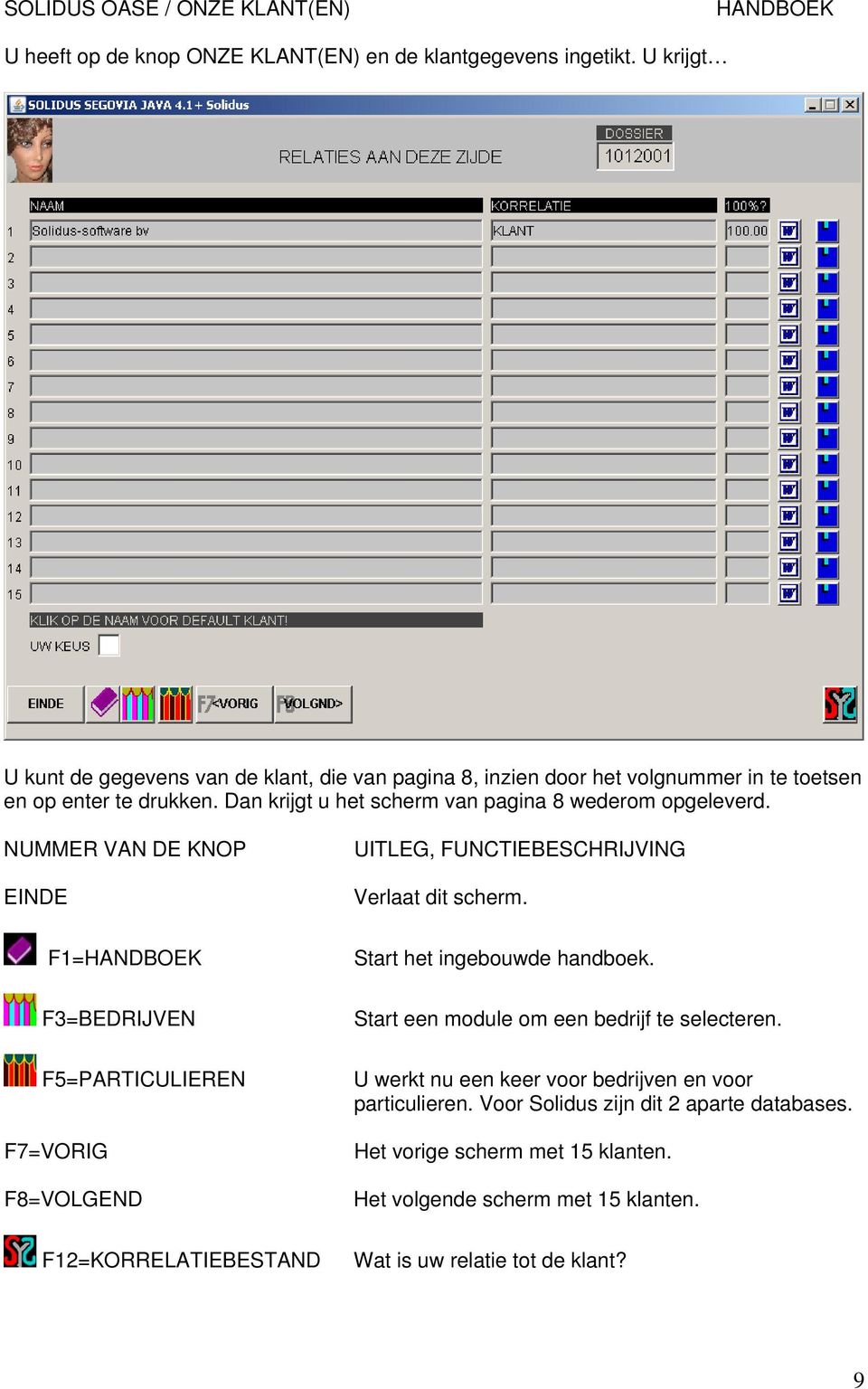 Dan krijgt u het scherm van pagina 8 wederom opgeleverd. NUMMER VAN DE KNOP EINDE UITLEG, FUNCTIEBESCHRIJVING Verlaat dit scherm.