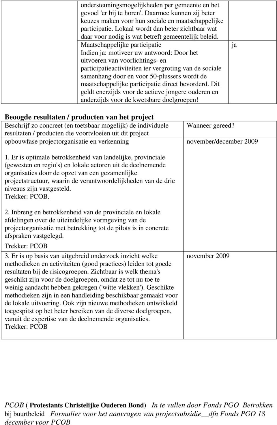 Maatschappelijke participatie Indien ja: motiveer uw antwoord: Door het uitvoeren van voorlichtings- en participatieactiviteiten ter vergroting van de sociale samenhang door en voor 50-plussers wordt