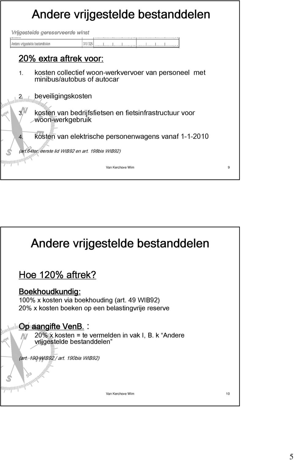 198bis WIB92) Van Kerchove Wim 9 Andere vrijgestelde bestanddelen Hoe 120% aftrek? Boekhoudkundig: 100% x kosten via boekhouding (art.