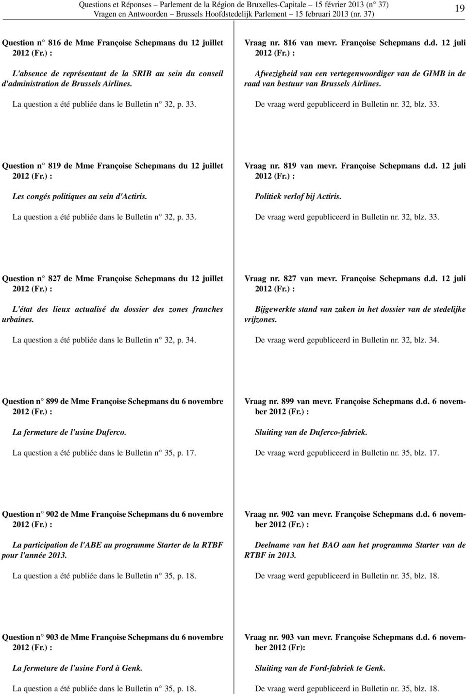 De vraag werd gepubliceerd in Bulletin nr. 32, blz. 33. Question n 819 de Mme Françoise Schepmans du 12 juillet 2012 Les congés politiques au sein d'actiris.