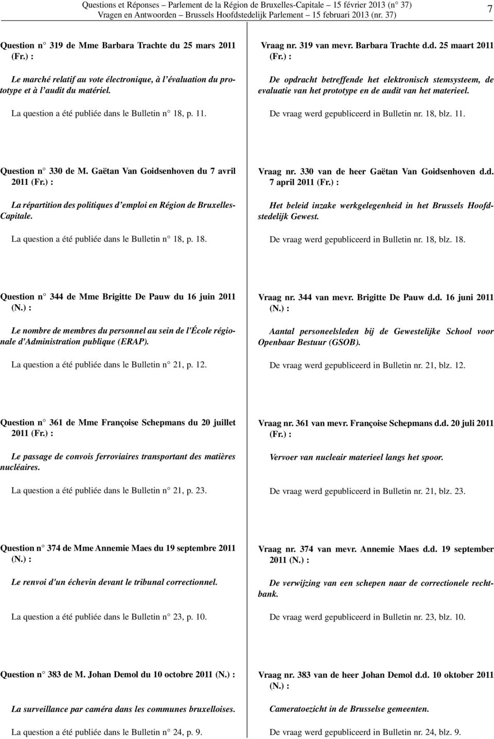 De vraag werd gepubliceerd in Bulletin nr. 18, blz. 11. Question n 330 de M. Gaëtan Van Goidsenhoven du 7 avril 2011 La répartition des politiques d emploi en Région de Bruxelles- Capitale.