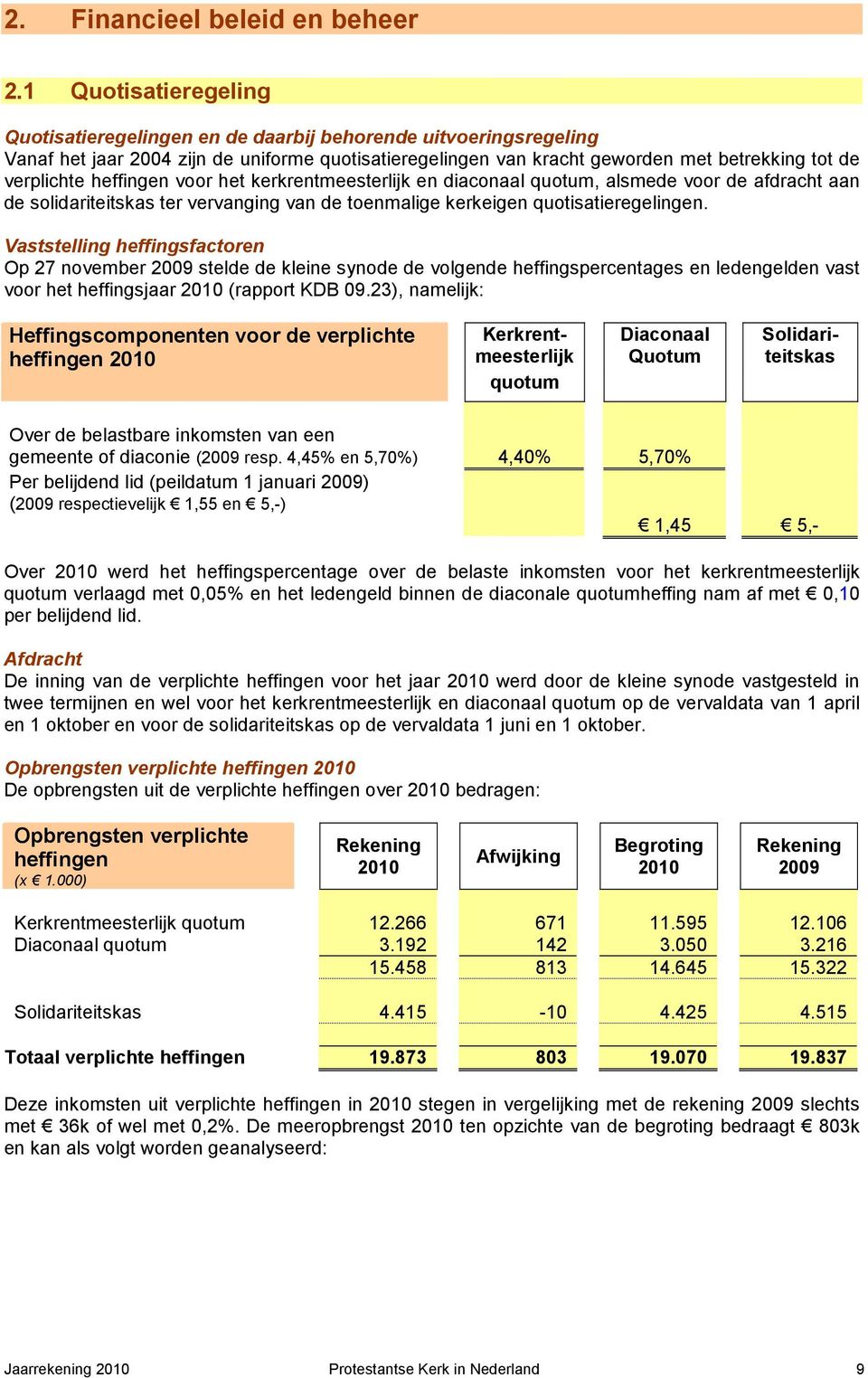 heffingen voor het kerkrentmeesterlijk en diaconaal quotum, alsmede voor de afdracht aan de solidariteitskas ter vervanging van de toenmalige kerkeigen quotisatieregelingen.