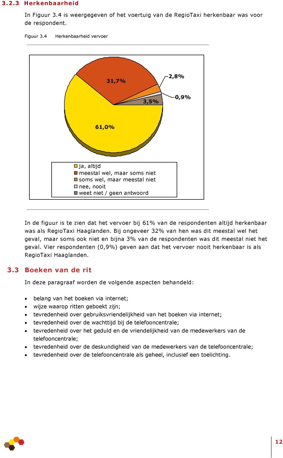 4 Herkenbaarheid vervoer 31,7% 2,8% 3,5% 0,9% 61,0% ja, altijd meestal wel, maar soms niet soms wel, maar meestal niet nee, nooit weet niet / geen antwoord In de figuur is te zien dat het vervoer bij