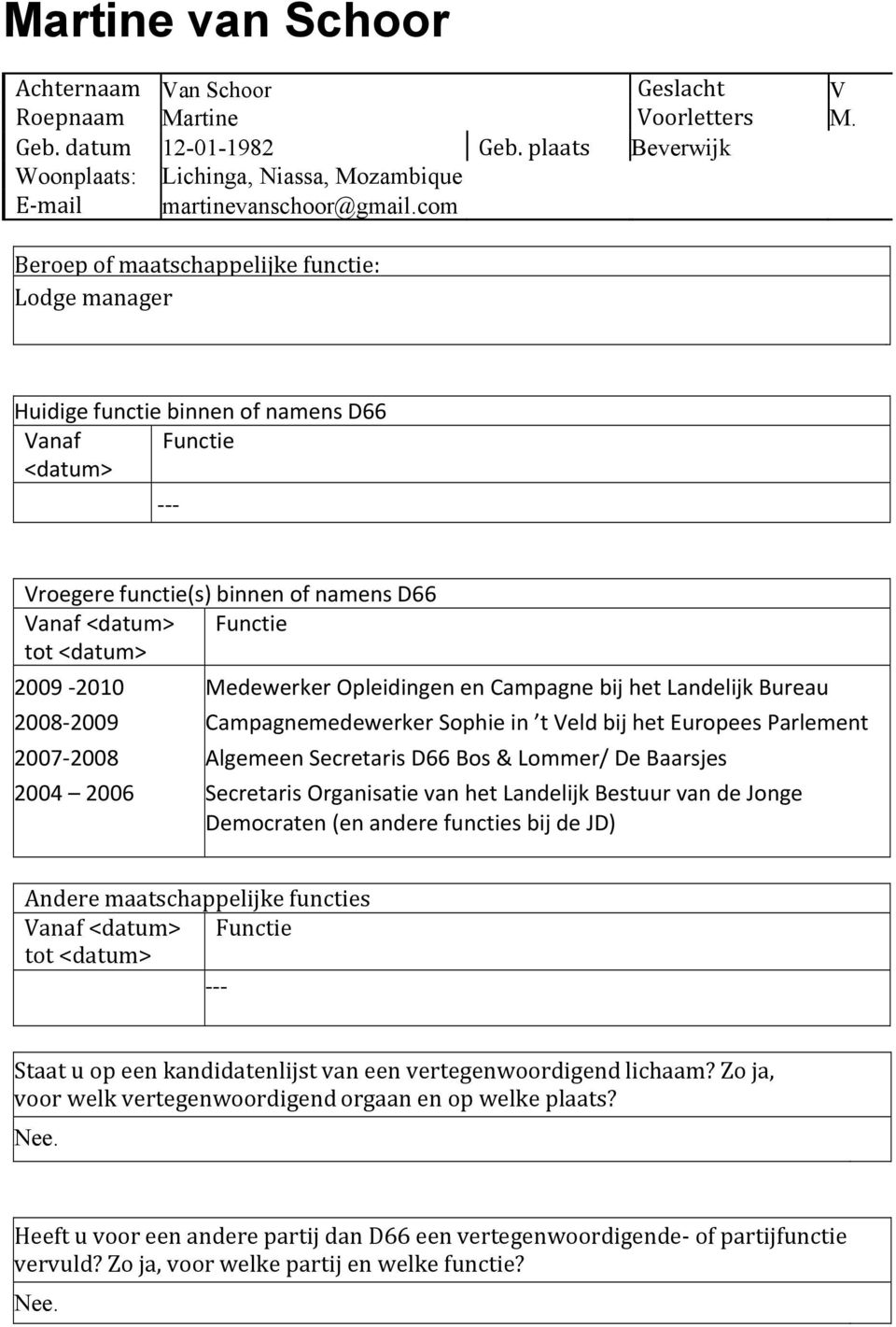 Medewerker Opleidingen en Campagne bij het Landelijk Bureau Campagnemedewerker Sophie in t Veld bij het Europees Parlement Algemeen Secretaris D66 Bos & Lommer/ De Baarsjes Secretaris Organisatie van