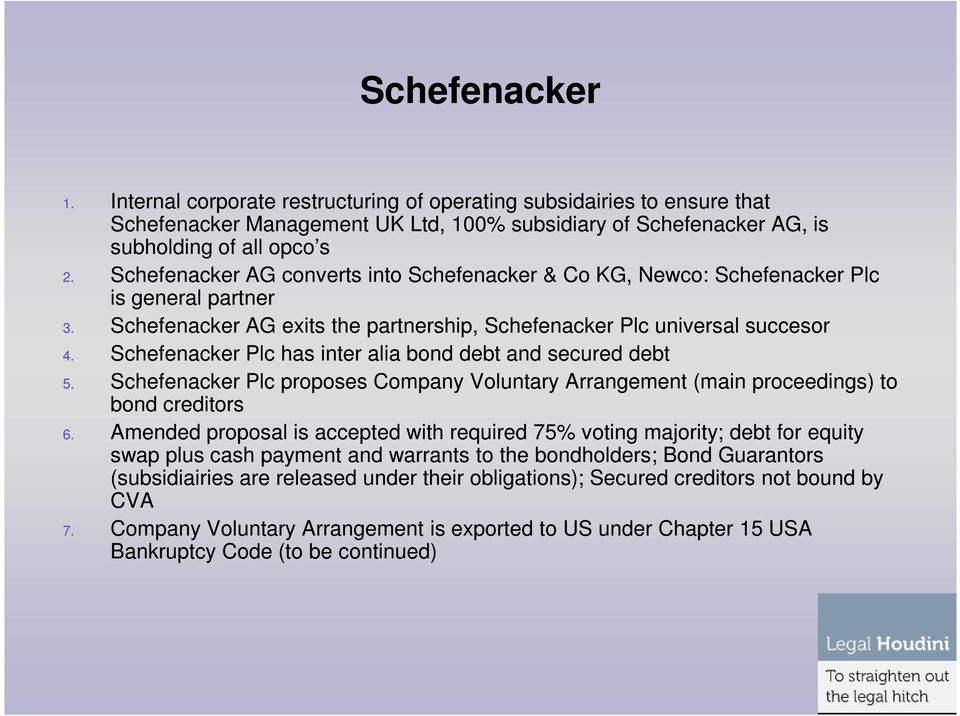 Schefenacker Plc has inter alia bond debt and secured debt 5. Schefenacker Plc proposes Company Voluntary Arrangement (main proceedings) to bond creditors 6.