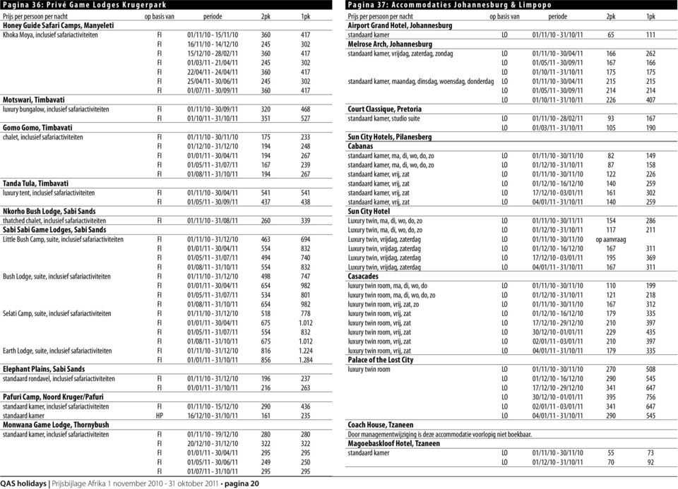 01/11/10-30/09/11 320 468 FI 01/10/11-31/10/11 351 527 Gomo Gomo, Timbavati chalet, inclusief safariactiviteiten FI 01/11/10-30/11/10 175 233 FI 01/12/10-31/12/10 194 248 FI 01/01/11-30/04/11 194 267