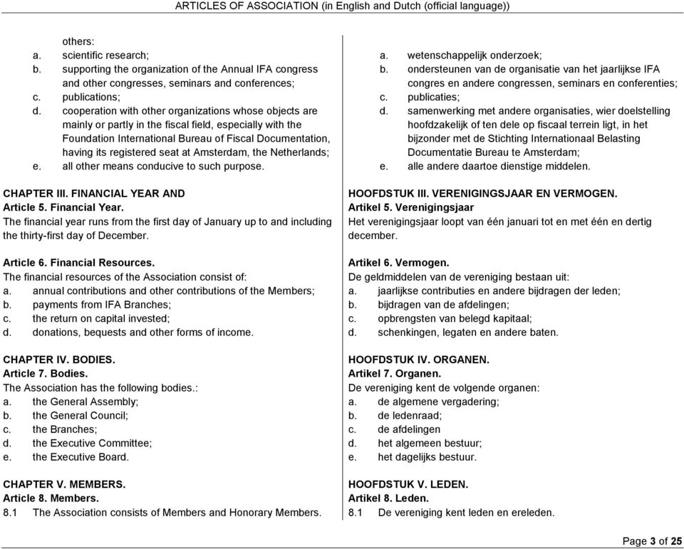Amsterdam, the Netherlands; e. all other means conducive to such purpose. CHAPTER III. FINANCIAL YEAR AND Article 5. Financial Year.