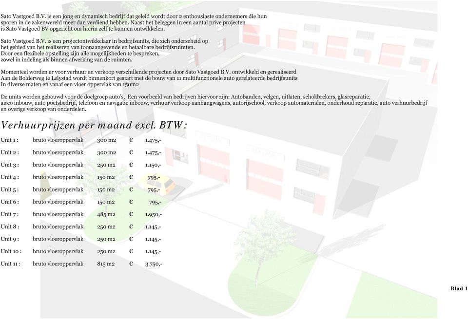 stgoed BV opgericht om hierin zelf te kunnen ontwikkelen. Sato Vastgoed B.V. is een projectontwikkelaar in bedrijfsunits, die zich onderscheid op het gebied van het realiseren van toonaangevende en betaalbare bedrijfsruimten.