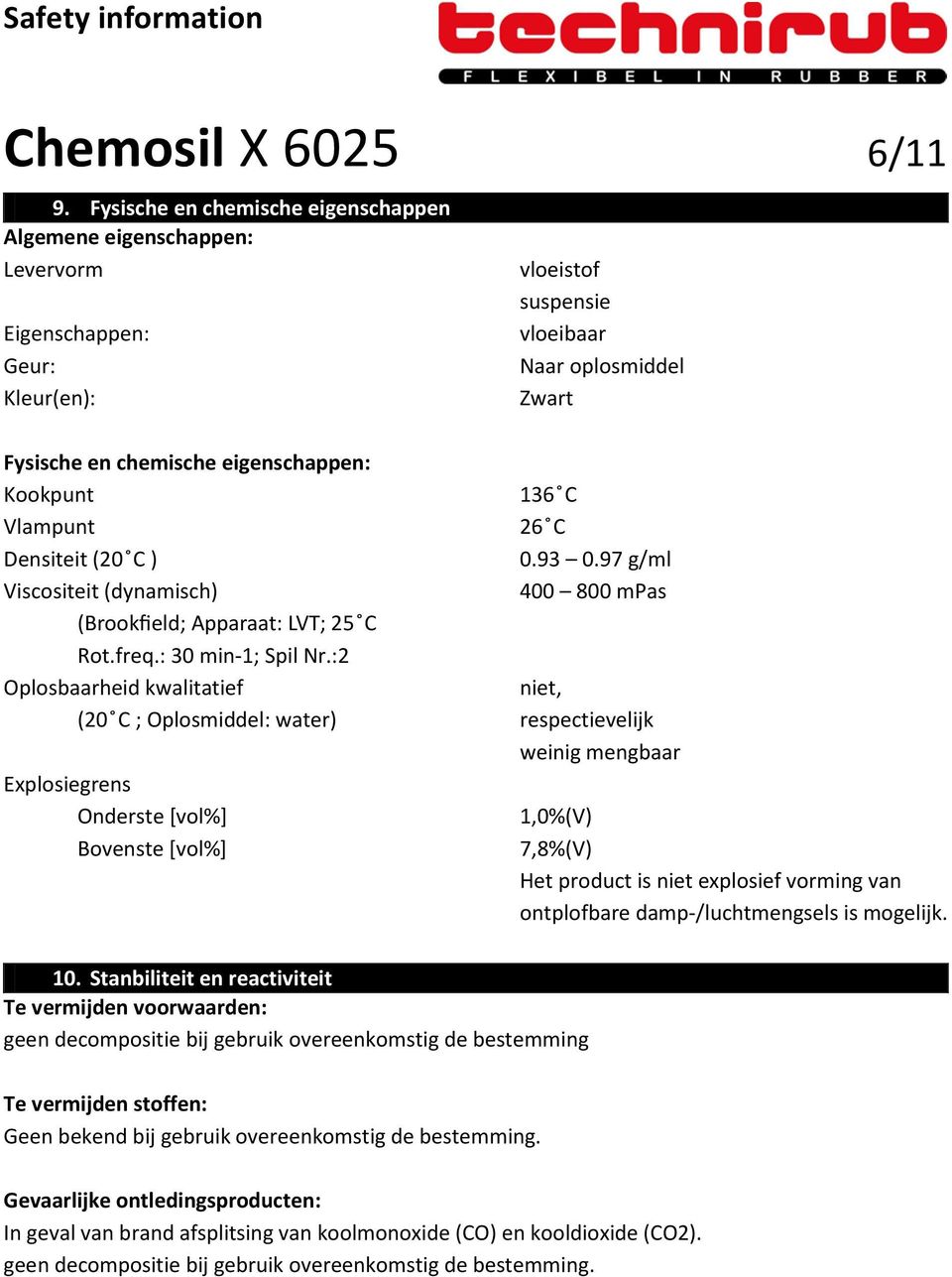 Kookpunt 136 C Vlampunt 26 C Densiteit C ) 0.93 0.97 g/ml Viscositeit (dynamisch) 400 800 mpas C Rot.freq.: 30 min-1; Spil Nr.