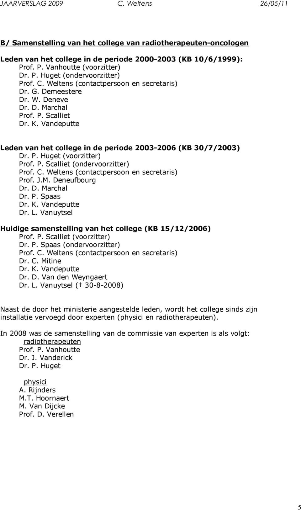 P. Scalliet (ondervoorzitter) Prof. C. Weltens (contactpersoon en secretaris) Prof. J.M. Deneufbourg Dr. D. Marchal Dr. P. Spaas Dr. K. Vandeputte Dr. L.