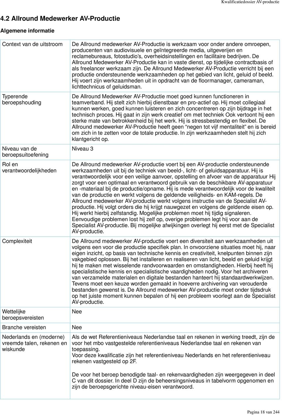beroepsvereisten Branche vereisten Nederlands en (moderne) vreemde talen, rekenen en wiskunde De Allround medewerker AV-Productie is werkzaam voor onder andere omroepen, producenten van audiovisuele