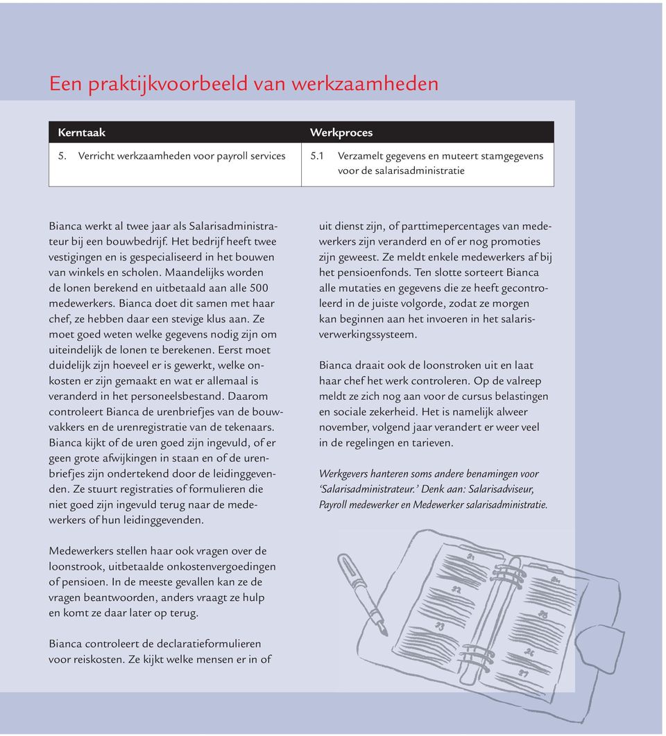 Het bedrijf heeft twee vestigingen en is gespecialiseerd in het bouwen van winkels en scholen. Maandelijks worden de lonen berekend en uitbetaald aan alle 500 medewerkers.