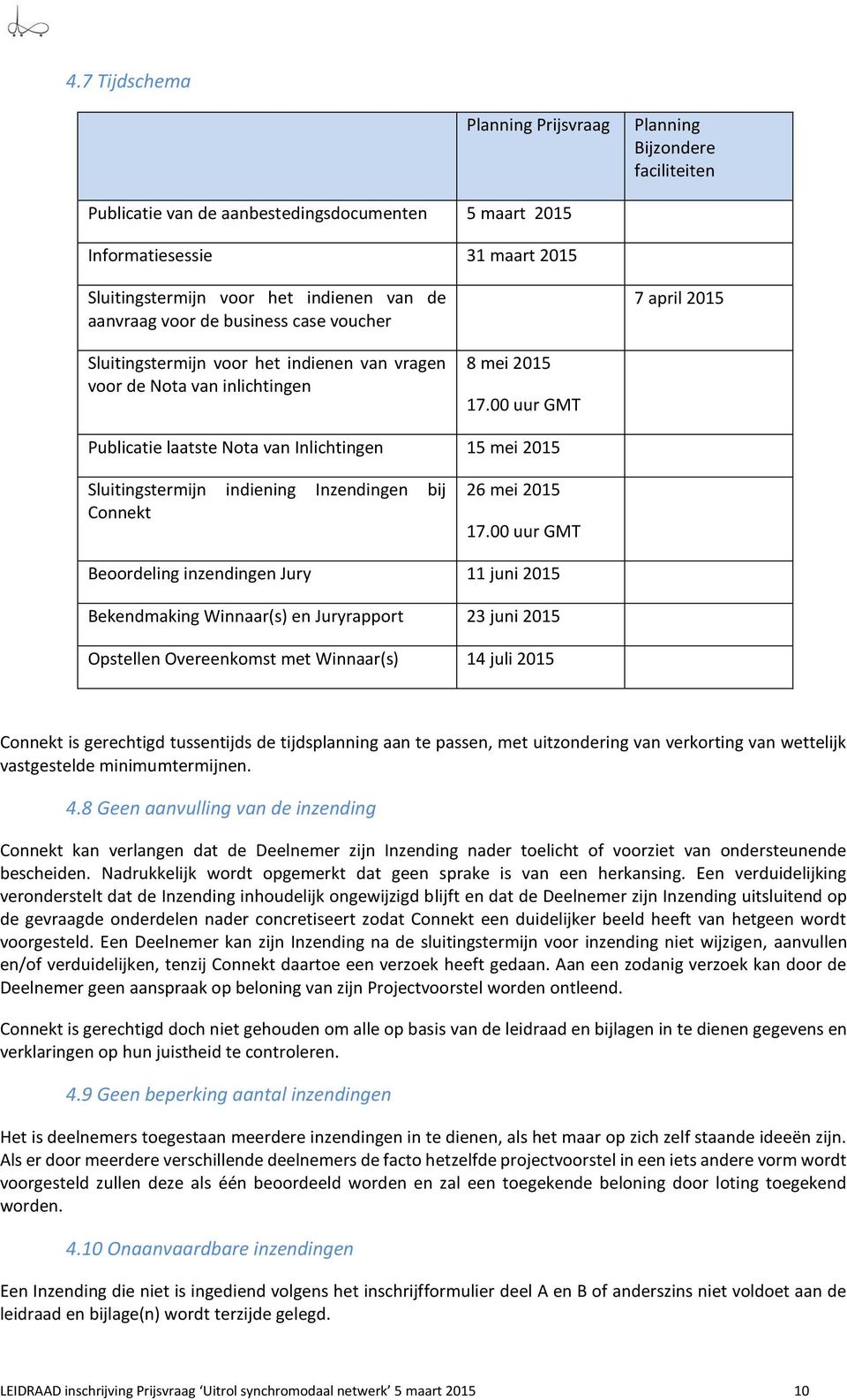 00 uur GMT Publicatie laatste Nota van Inlichtingen 15 mei 2015 Sluitingstermijn indiening Inzendingen bij Connekt 26 mei 2015 17.