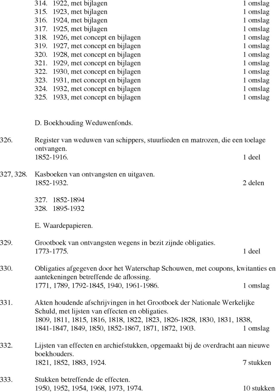 1931, met concept en bijlagen 1 omslag 324. 1932, met concept en bijlagen 1 omslag 325. 1933, met concept en bijlagen 1 omslag D. Boekhouding Weduwenfonds. 326.