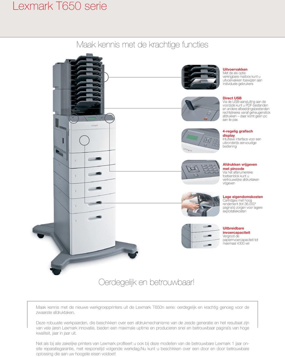 interface voor een uitzonderlijk eenvoudige bediening Afdrukken vrijgeven met pincode Via het alfanumerieke toetsenblok kunt u vertrouwelijke afdruktaken vrijgeven Lage eigendomskosten Cartridges met