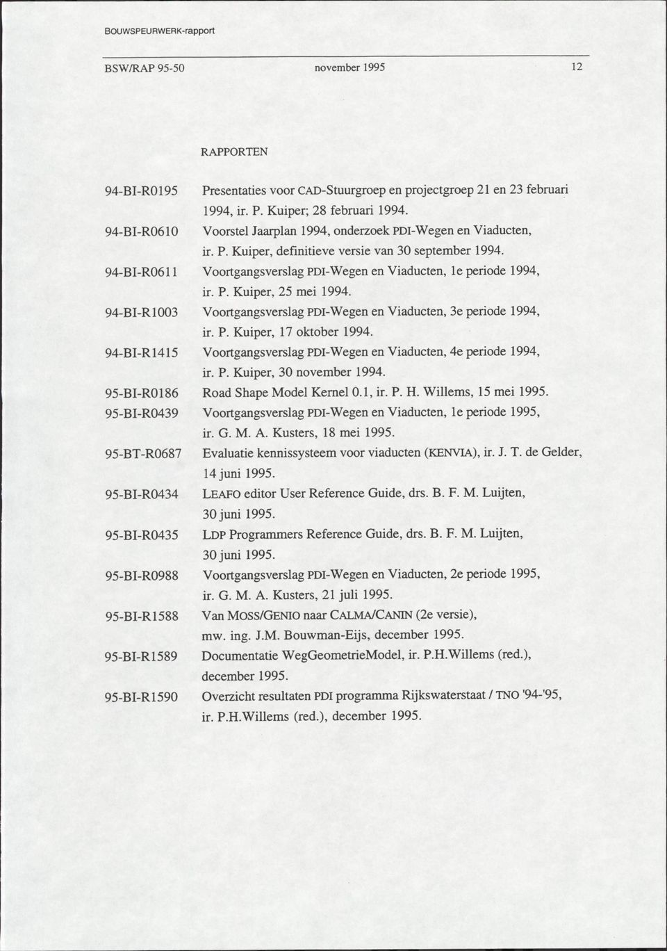 94-BI-R0611 Voortgangsverslag PDI-Wegen en Viaducten, le periode 1994, ir. P. Kuiper, 25 mei 1994. 94-BI-R1003 Voortgangsverslag PDI-Wegen en Viaducten, 3e periode 1994, ir. P. Kuiper, 17 oktober 1994.