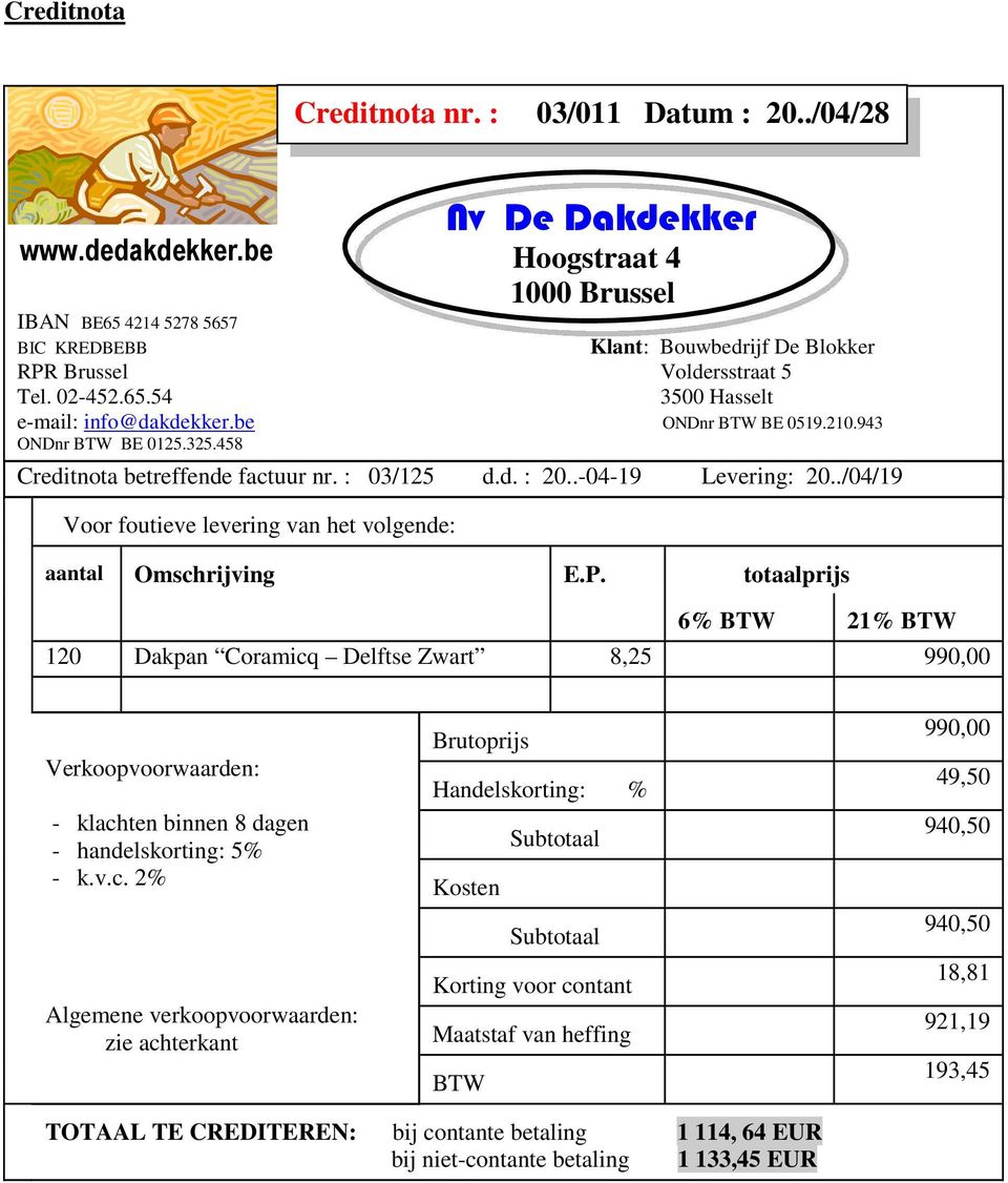 totaalprijs 6% BTW 21% BTW 120 Dakpan Coramicq