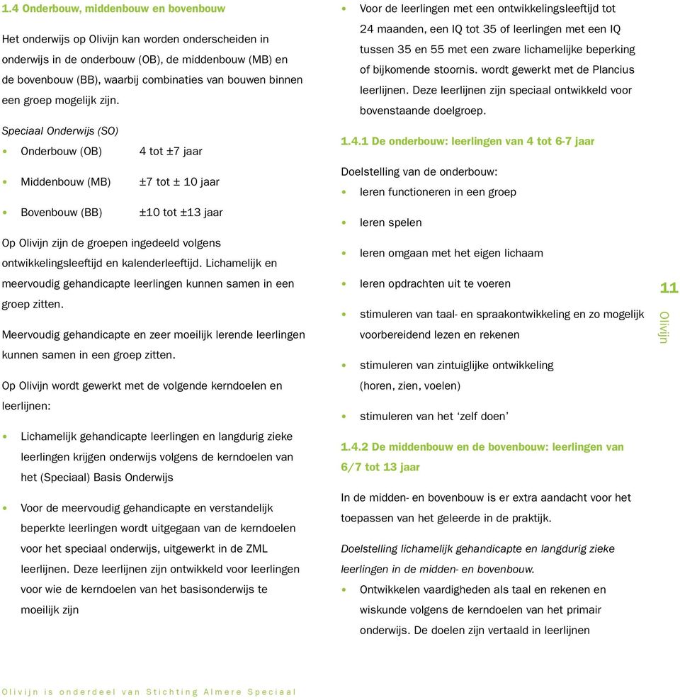 Speciaal Onderwijs (SO) Onderbouw (OB) 4 tot ±7 jaar Middenbouw (MB) ±7 tot ± 10 jaar Bovenbouw (BB) ±10 tot ±13 jaar Op zijn de groepen ingedeeld volgens ontwikkelingsleeftijd en kalenderleeftijd.